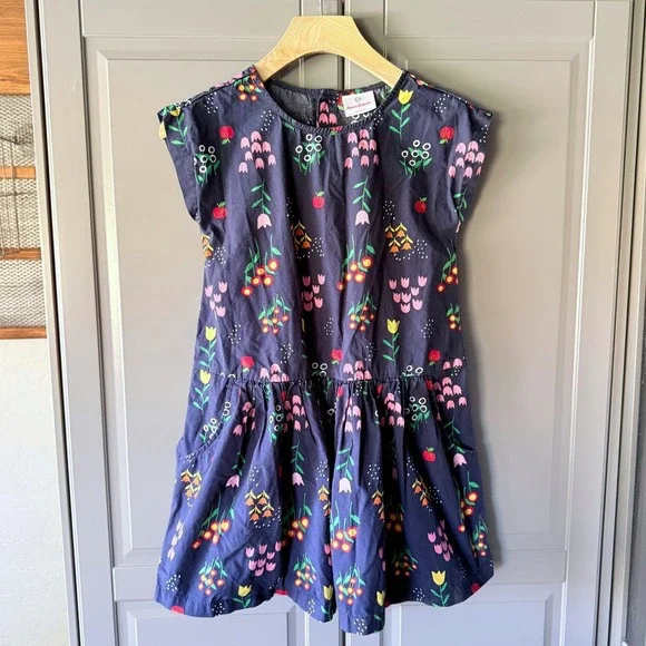 Hanna Andersson Girls Floral Fruit Print Drop Waist Dress, Navy Multi,8