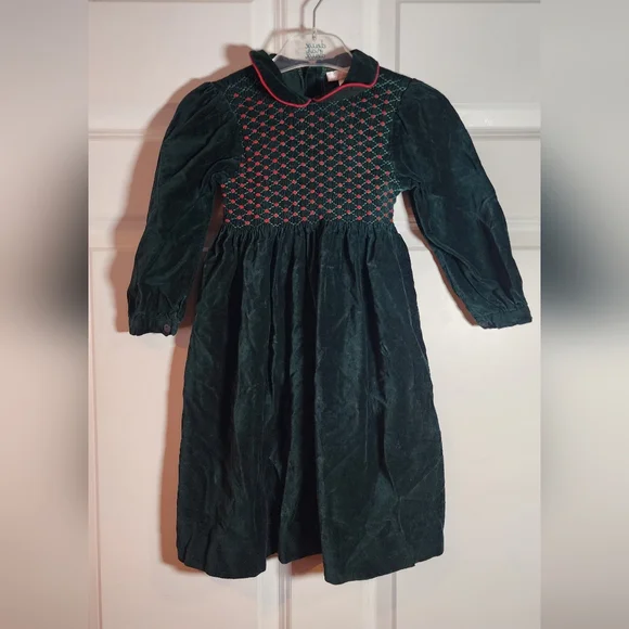 Sophie Dess Vintage Green Red Velvet Long Sleeve Toddler Girl Holiday Dress 3yrs