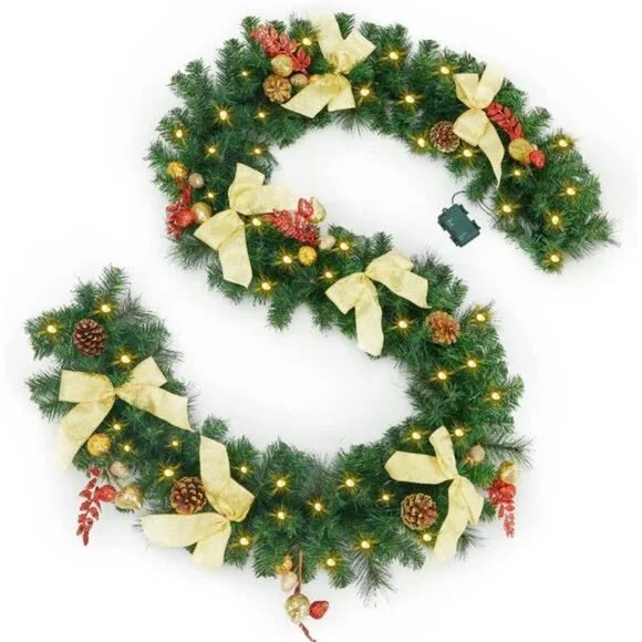 9FT Christmas Garland with Lights, Prelit Christmas Garland w/ Bows Xmas Garland