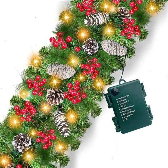 9 Ft 100 LED Prelit Christmas Garland Decoration 198 Red Berries