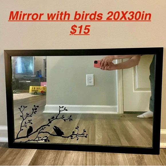Black Framed Mirror with Bird Design