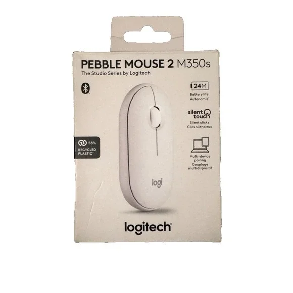 Logitech Pebble Mouse 2 M350s, Ambidextrous, 3-Button, Bluetooth, Tonal White