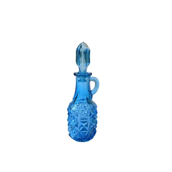 Vintage Peacock Blue Indiana Glass Miniature Cruet with Stopper Apothecary Jar‎
