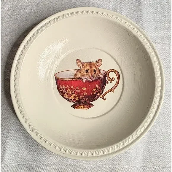 Metal Trinket Bowl Painted and Mouse Transfer Applied 5 1/2