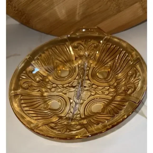 Vintage Indiana Glass Iridescent Amber Killarney Divided Relish Dish Handle
