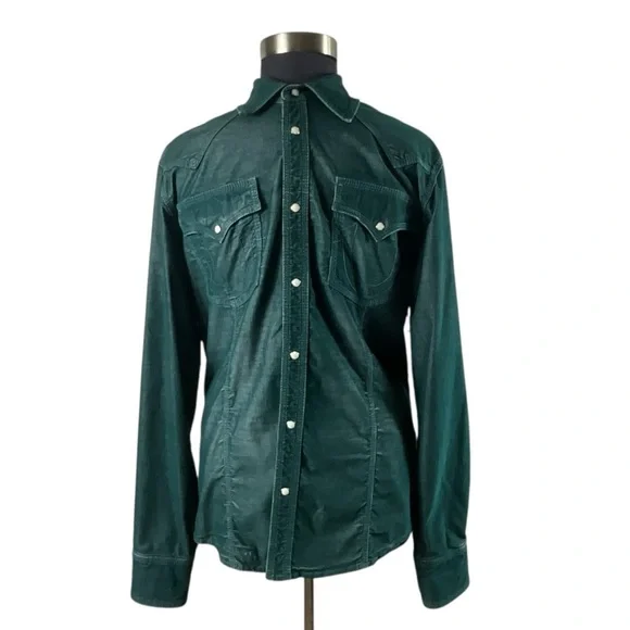 True Religion Rocky Men Dark Teal Chambray Corduroy Western Pearl button Shirt