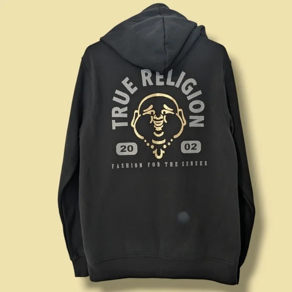True Religion Black Buddha Foil Graphic Full Zip Fleece Drawstring Hoodie LG