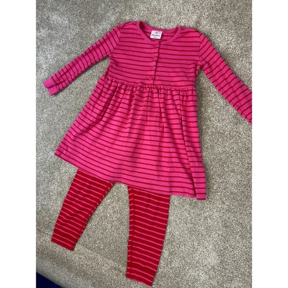 LOT Hanna Andersson Girls Dress Pink Red Striped Leggings 110 5T Scandi Play