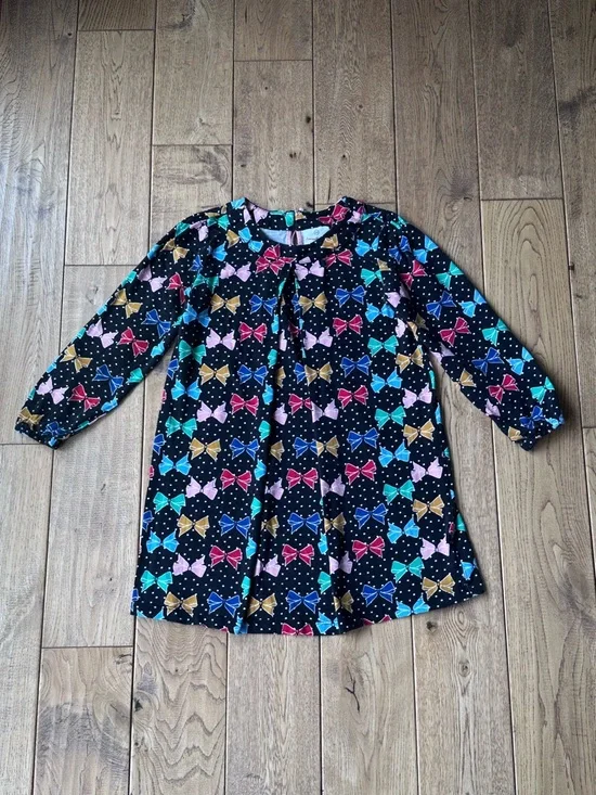 Hanna Andersson Multicolor Bow Print Long Sleeve Dress size 6-7