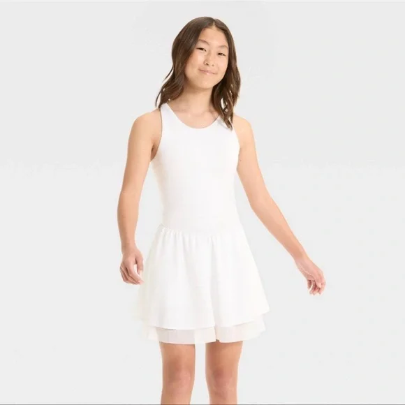 Girls' Knit Double Layer Dress - All In Motion White Size M