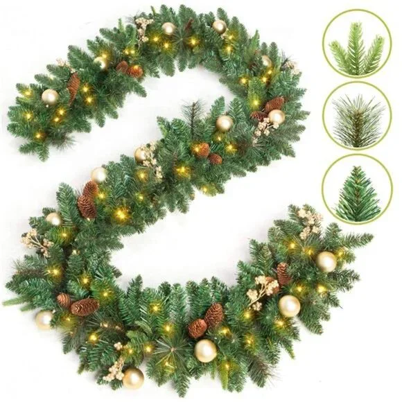 9 FT by 12 Inch Prelit Christmas Garland with 50 Warm Lights