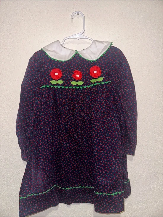 Bonnie Jean Navy Dress with Red Floral and Green Trim Size 6X