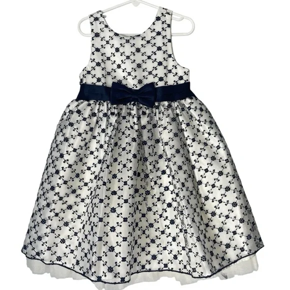 American Princess Girls 3T White with Navy Blue Flowers Dress.