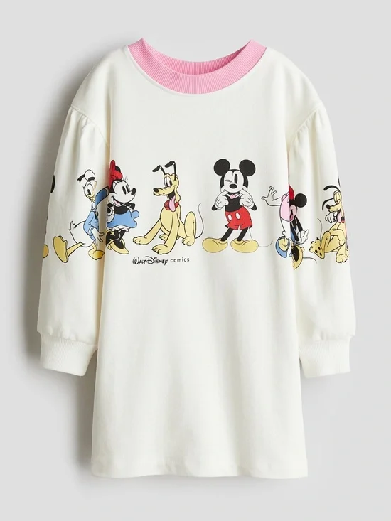 H&M Girls Disney Long Sleeve Dress Size 6/7 Mickey Minnie Character White Pink