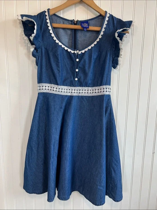 Disney Blue Denim Beauty and the Beast Dress with White Lace Trim
