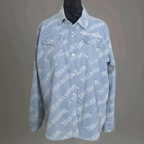 True Religion Georgia Denim Shirt Men's Sz Large Western Cowboy‎ Pearl Snap