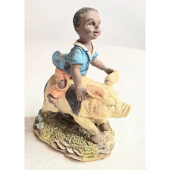 Vintage African American Boy Pig Herder/Rider Figurine Ceramic/Resin 4 1/2