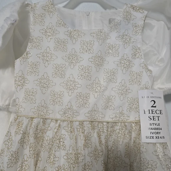 Girls' Size 4/5 Rare Editions Ivory and Gold Dress And Faux Fur Jacket Set