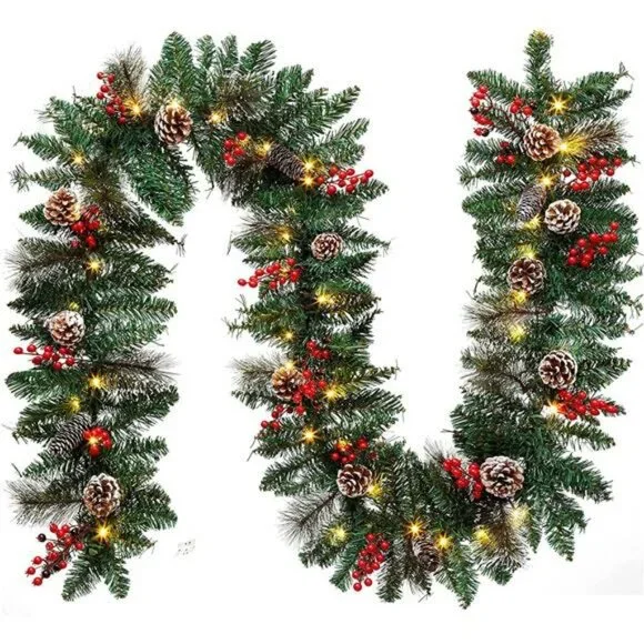 9-foot Christmas Garland with Lights, Battery Powered 8 Lighting Modes, 50 LED