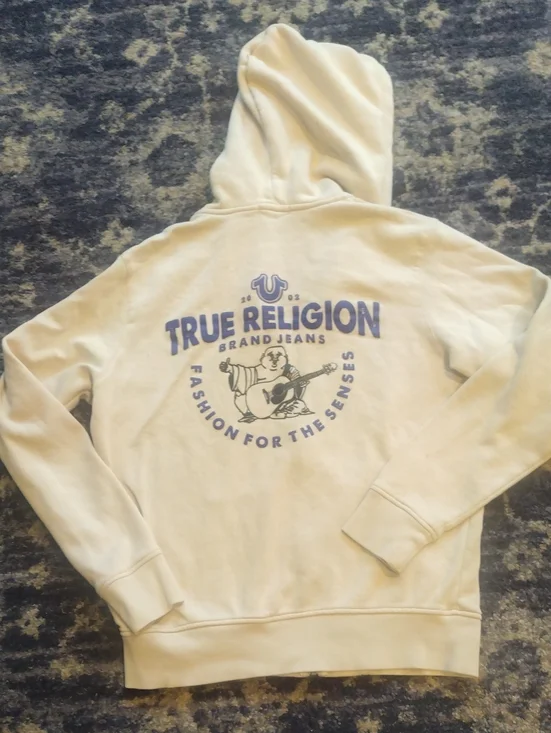 True Religion Cream Pullover Hoodie with Blue Logo Graphic