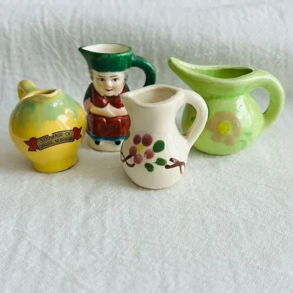 4 Vintage Miniature Pitchers Ceramic Floral Souvenir Toby Girl