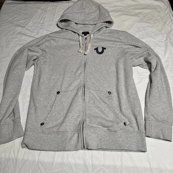 Men's True Religion Gray Full-Zip Hoodie L with Navy Blue Logo #86