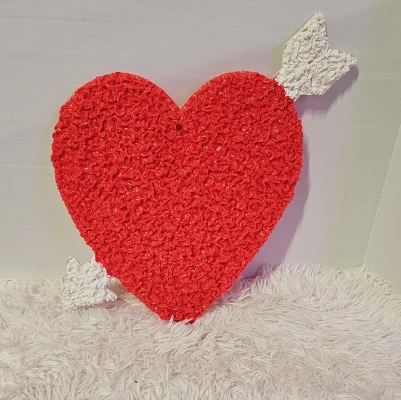 Vintage Holiday Melted Plastic Popcorn Valentines Day Heart Wall or Window Decor