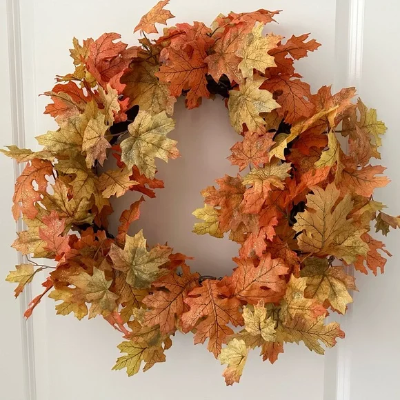 Autumn Orange & Yellow Oak & Maple Leaf Wreath with Shimmer -Fall Harvest Decor