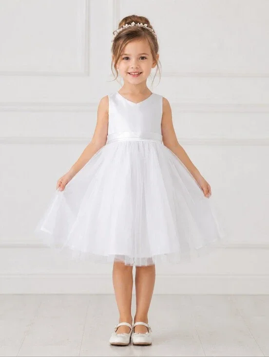 AZAZIE Marlee Flower Girl Dress White Satin Tulle Bow Back Wedding Size 3 NWT