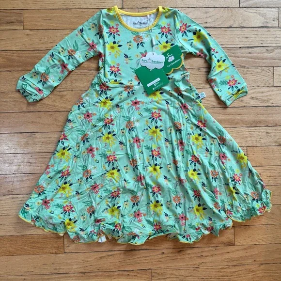 Pure Bambinos Bloom Journey Bamboo Twirl Dress Floral Mint Green Kids 7/8Y NWT
