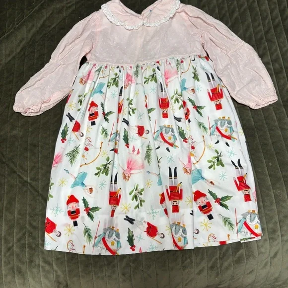 Girls Pink Long-Sleeve Holiday Dress with Nutcracker Print