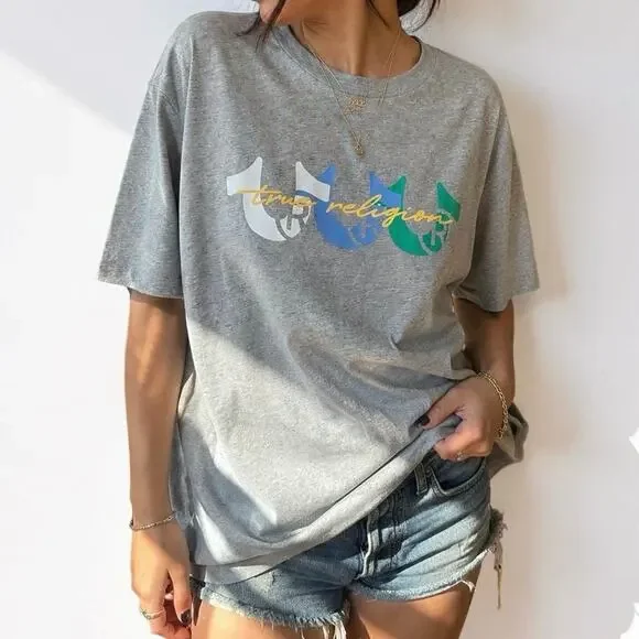 True Religion Horseshoe Overlay Logo Graphic T-Shirt Gray XL Unisex