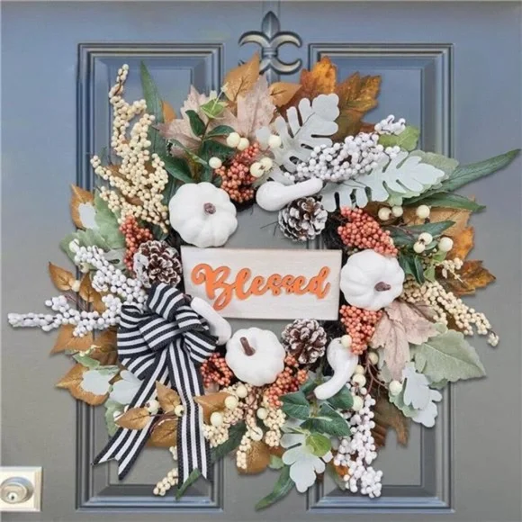 Fall Wreath for Front Door,20 inch Door Wreath with White Pumpkin