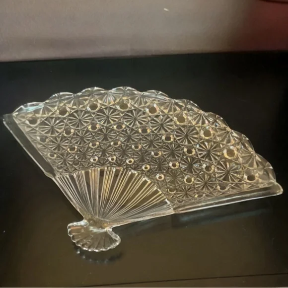 Vintage Glass Pressed Daisy & Button Fan-Shaped Trinket Tray 10.5”