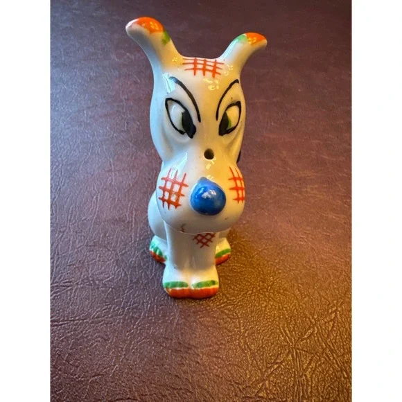 Vintage Hand Painted Japan Porcelain Dog Figurine Blue Bow Tie Patch Detail