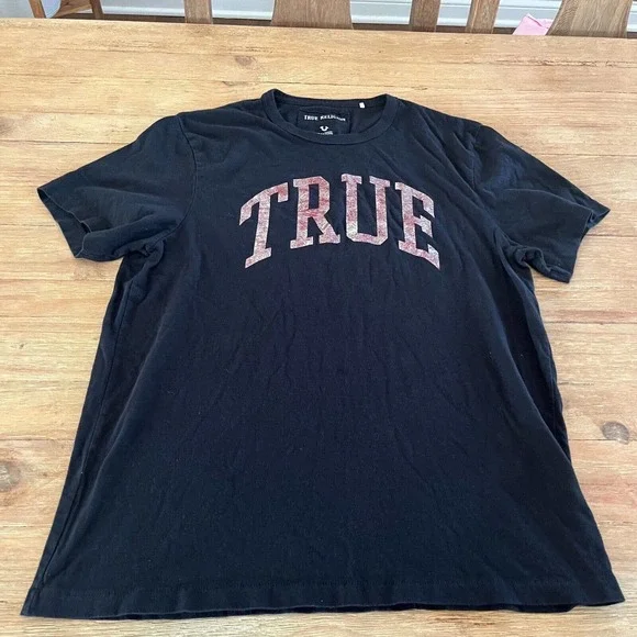 True Religion Mens Logo Graphic T Shirt Metallic Lettering Black Size L