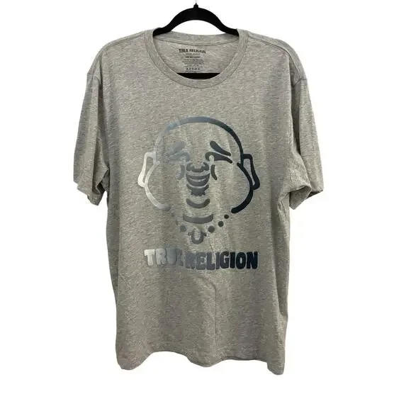 True Religion Jeans Graphic T-Shirt Buddha Face Grey Cotton Blend Boho XL