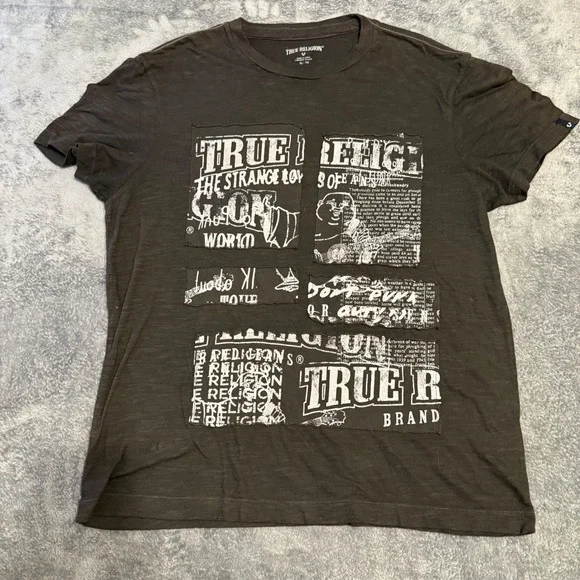 True‎ Religion Men XL Graphic Print Cut Up Buddha Tee Shirt Charcoal Gray