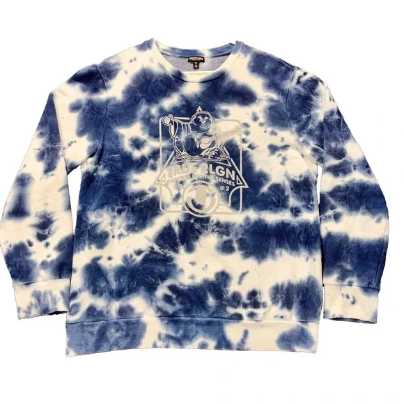 True Religion Sweatshirt Mens Large Blue Tie Dye Buddha Graphic Fleece Pullover