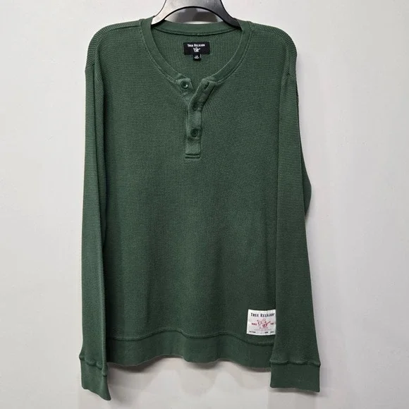 True Religion Thermal Henley Shirt Men Large Green Waffle Knit Streetwear Grunge