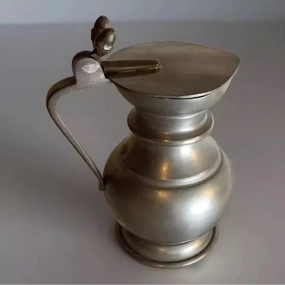 Vintage Italian Pewter 95% Syrup Pitcher With Handle and Lid Double Acorn 4.25