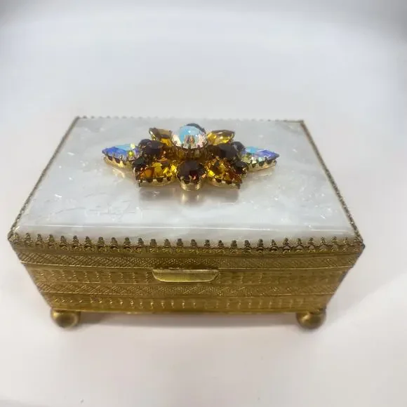 Vintage Austria Jeweled Trinket Box Gold Tone Etched Red Velvet Lined