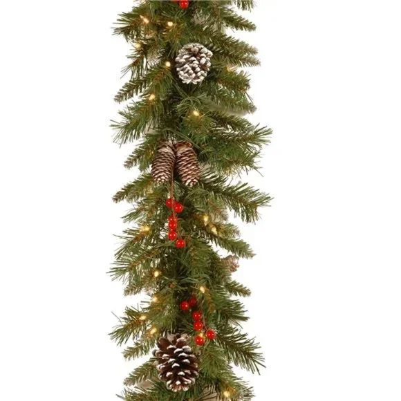 Pre-Lit Artificial Christmas Garland, Green, Frosted Berry, White Light, 9 Feet