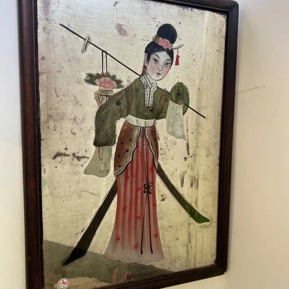 1060s Vintage Hand Painted Chinese Figures on Wood Framed Mirror