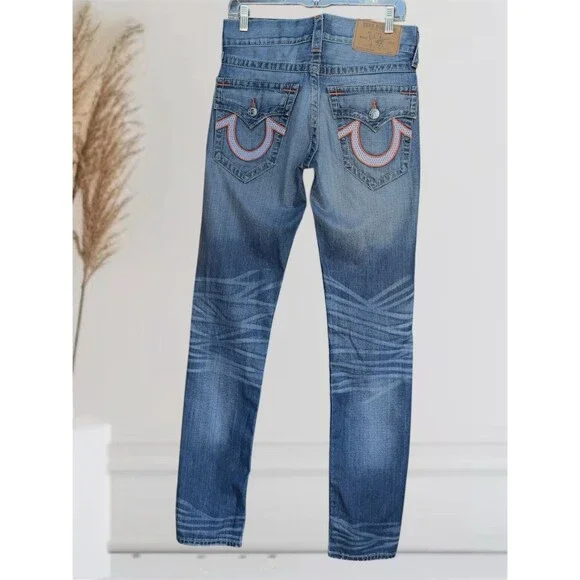 True Religion Skinny Flap Mesh Men’s W28 L34 Blue Jeans With Orange Embroidery