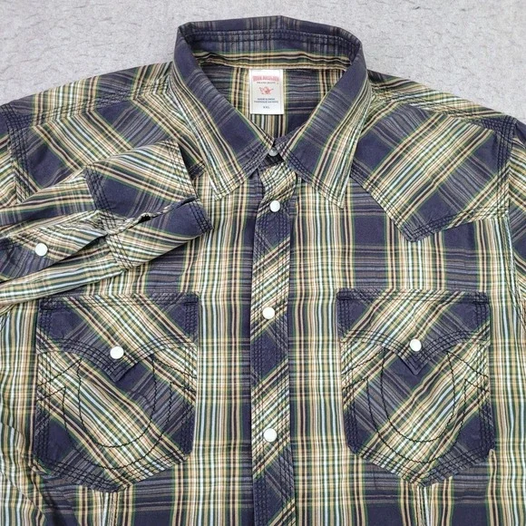 True Religion Pearl Snap Western Shirt Mens 2XL Green Plaid Long Sleeve