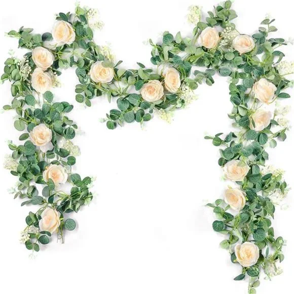 2 Pack 13Ft Artificial Eucalyptus Flower Garland with Fake Rose (Champagne)