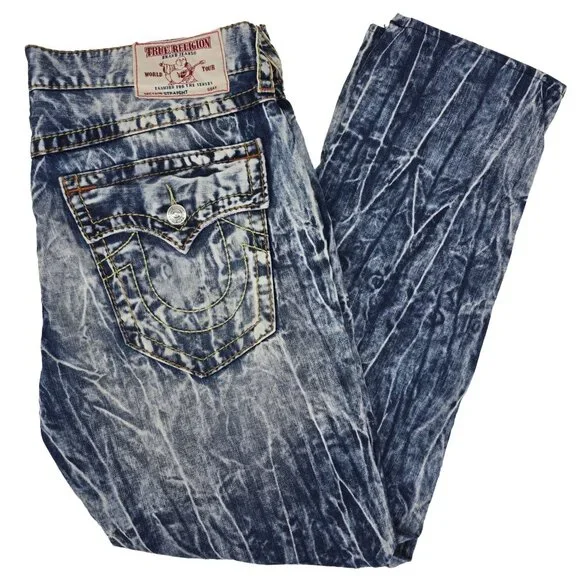 True Religion Jeans Men 38 Straight Acid Wash‎ Distressed Denim Flap Pocket Y2K