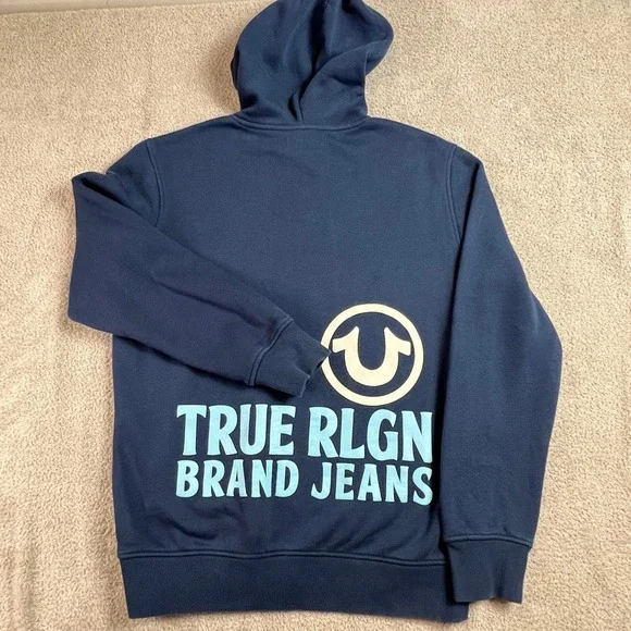 True Religion‎ Hoodie Mens Medium Blue Horseshoe Logo Pullover Sweatshirt
