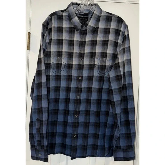 True Religion Shirt‎ Mens XL Plaid Button Up Long Sleeve Embroidered Slim